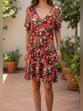 Bobeau Floral Faux Wrap Dress S Boho Pockets Flowy Rayon